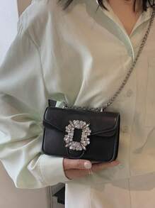 Mini Rhinestone & Metal Decorated Crossbody Bag, Fashionable Underarm Bag With Flap & Metallic Chain Shoulder Strap, Women's Stylish Wallet