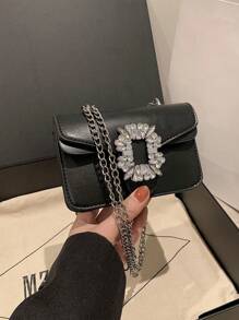 Mini Rhinestone & Metal Decorated Crossbody Bag, Fashionable Underarm Bag With Flap & Metallic Chain Shoulder Strap, Women's Stylish Wallet