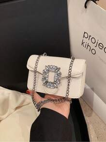 Mini Rhinestone & Metal Decorated Crossbody Bag, Fashionable Underarm Bag With Flap & Metallic Chain Shoulder Strap, Women's Stylish Wallet