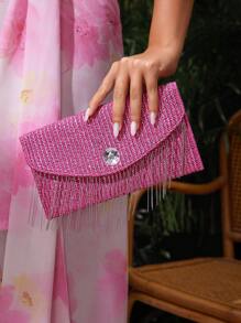 Straw Woven Chain Tassel Clutch Bag