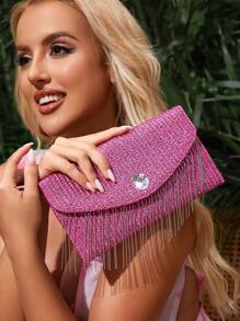 Straw Woven Chain Tassel Clutch Bag