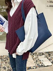 New Fashion Vintage Large Capacity Women Tote Bag, Solid Color Retro Casual Versatile Shopping Bag With High-Quality Tassel