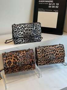 New Vintage Leopard Print PU Leather Flap Square Bag, Outdoor Vacation Travel Crossbody Bag, Elegant Banquet Party Mobile Phone Coin Purse