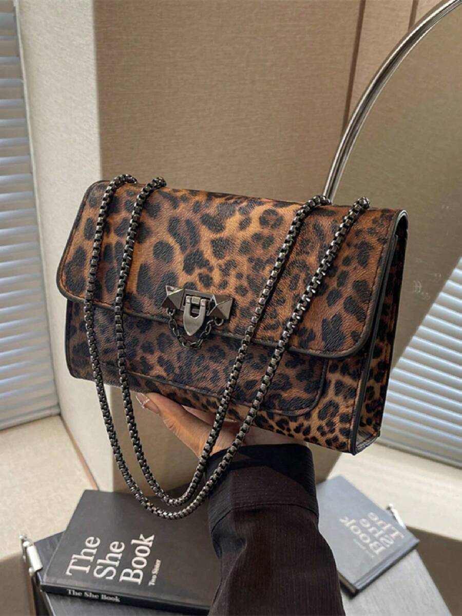 New Vintage Leopard Print PU Leather Flap Square Bag, Outdoor Vacation Travel Crossbody Bag, Elegant Banquet Party Mobile Phone Coin Purse