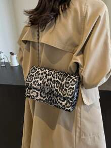 New Vintage Leopard Print PU Leather Flap Square Bag, Outdoor Vacation Travel Crossbody Bag, Elegant Banquet Party Mobile Phone Coin Purse