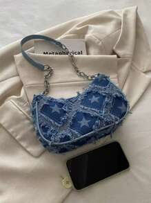 Decorative Buckle Detailing, Stitching, Chain Strap Shoulder Bag, Women's Decorative Buckle Shoulder Bag, Street Fashion Hobo Bag