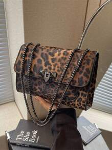 New Vintage Leopard Print PU Leather Flap Square Bag, Outdoor Vacation Travel Crossbody Bag, Elegant Banquet Party Mobile Phone Coin Purse