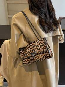 New Vintage Leopard Print PU Leather Flap Square Bag, Outdoor Vacation Travel Crossbody Bag, Elegant Banquet Party Mobile Phone Coin Purse