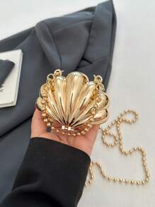 1pc Miniature Shell Shape Crossbody Bag For Women, New Summer Metal Chain Strap Unique Design Clutch Purse, Fashion Shoulder Bag, Elegant Coin Purse