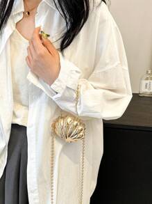 1pc Miniature Shell Shape Crossbody Bag For Women, New Summer Metal Chain Strap Unique Design Clutch Purse, Fashion Shoulder Bag, Elegant Coin Purse