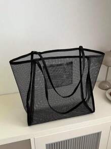 1pc Girl's Transparent Mesh Shoulder Bag, Fashionable E Large Capacity Tote Bag For Daily Commute