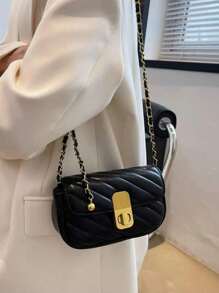 Solid Color Quilted Twist Lock Shoulder Bag, Crossbody Bag