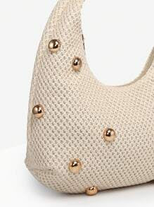 Women's Retro Punk Boho Style Ocean Decor Beach Bag, Crocheted Rivet Oiled Leather Large Capacity Shoulder Satchel, Suitable For Outings, Parties, And Daily Wear