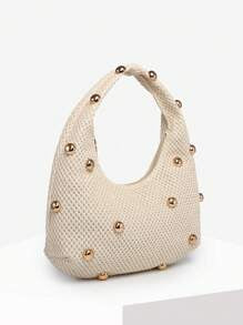 Women's Retro Punk Boho Style Ocean Decor Beach Bag, Crocheted Rivet Oiled Leather Large Capacity Shoulder Satchel, Suitable For Outings, Parties, And Daily Wear