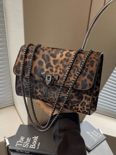 New Vintage Leopard Print PU Leather Flap Square Bag, Outdoor Vacation Travel Crossbody Bag, Elegant Banquet Party Mobile Phone Coin Purse