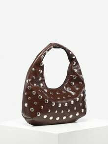 Women's Retro Punk Boho Style Ocean Decor Beach Bag, Crocheted Rivet Oiled Leather Large Capacity Shoulder Satchel, Suitable For Outings, Parties, And Daily Wear