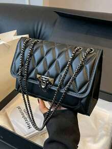 Elegant Women's Shoulder Bag With Chain Strap, Quilted PU Crossbody Bag, Luxury Minimalist Armpit Bag, Lightweight, Metal Lock Quilted Flap Chain Square Bag Shoulder Bag, Clutch, Clutch Minimalist, Classic, Leather Pouch,