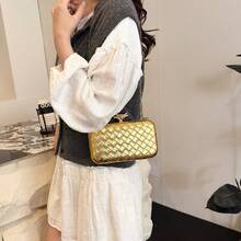 Silver Woven Clutch Bag For Women, Elegant Evening Party Handbag With Gold Chain, Stylish Box Crossbody Shoulder Bag