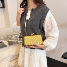 Silver Woven Clutch Bag For Women, Elegant Evening Party Handbag With Gold Chain, Stylish Box Crossbody Shoulder Bag