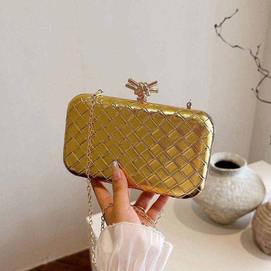 Silver Woven Clutch Bag For Women, Elegant Evening Party Handbag With Gold Chain, Stylish Box Crossbody Shoulder Bag