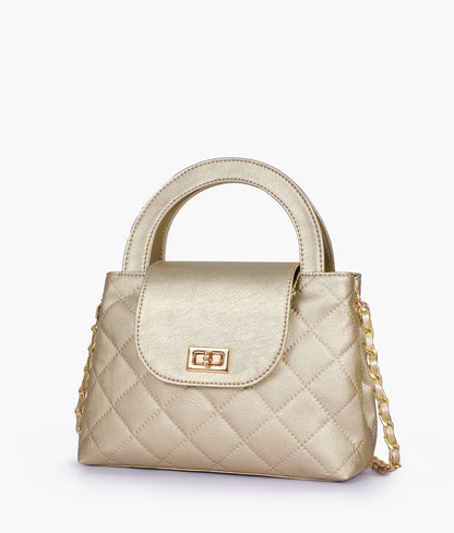 Golden flap quilted bag with top handle