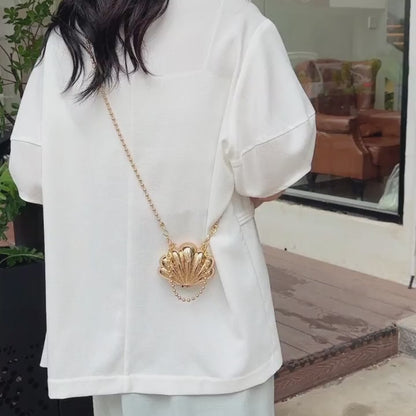 1pc Miniature Shell Shape Crossbody Bag For Women, New Summer Metal Chain Strap Unique Design Clutch Purse, Fashion Shoulder Bag, Elegant Coin Purse
